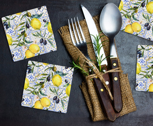 Steinuntersetzer-Set - Zitronen und Oliven