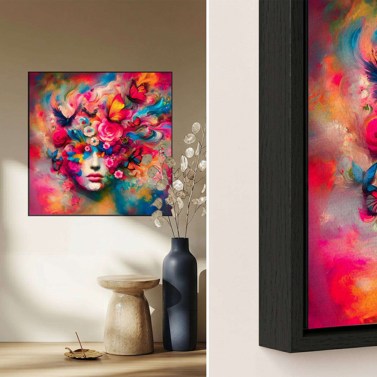 Image en verre acrylique - Kaléidoscope sensuel : Enveloppé de fleurs et de papillons