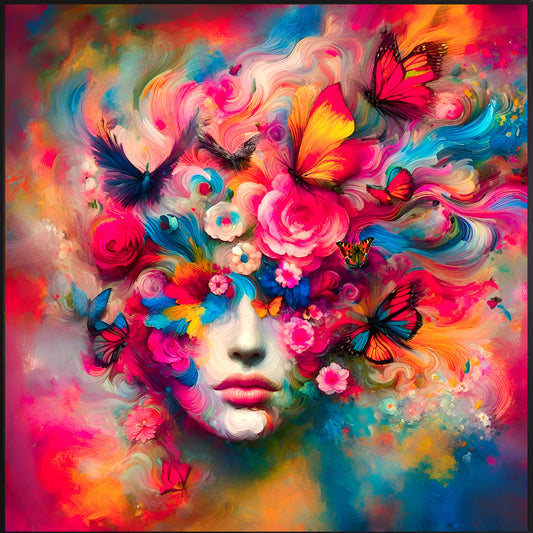 Image en verre acrylique - Kaléidoscope sensuel : Enveloppé de fleurs et de papillons