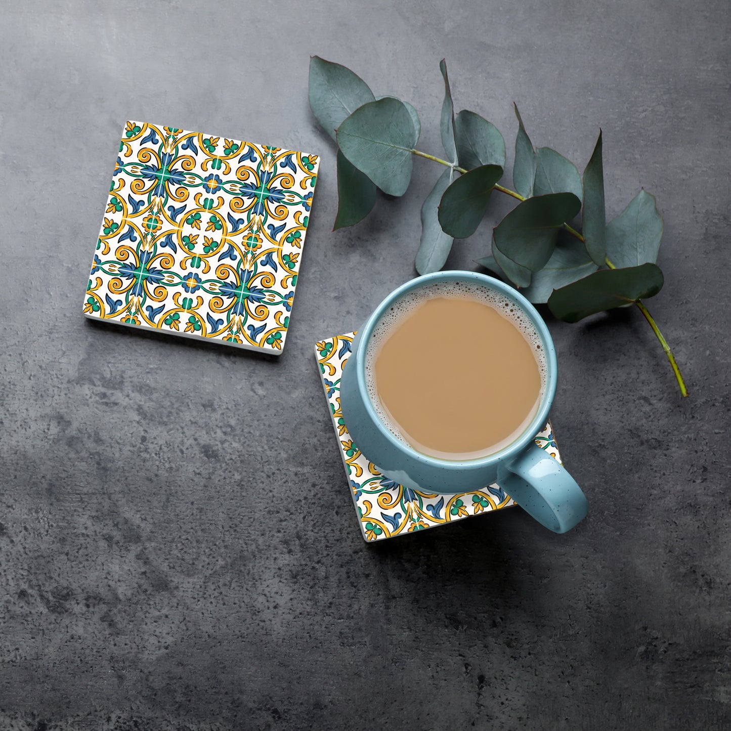 Steinuntersetzer-Set - Blaue und Grüne Ornamente